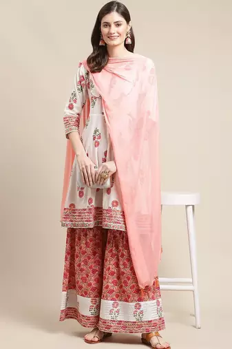Women White Floral Printed Kurta with Sharara & With Dupatta