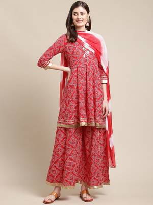 Women Red Ethnic Motifs Printed Gotta Patti Kurta with Sharara & With Dupatta 1