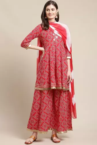 Women Red Ethnic Motifs Printed Gotta Patti Kurta with Sharara & With Dupatta