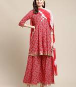 Women Red Ethnic Motifs Printed Gotta Patti Kurta with Sharara & With Dupatta