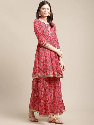 Women Red Ethnic Motifs Printed Gotta Patti Kurta with Sharara & With Dupatta 5