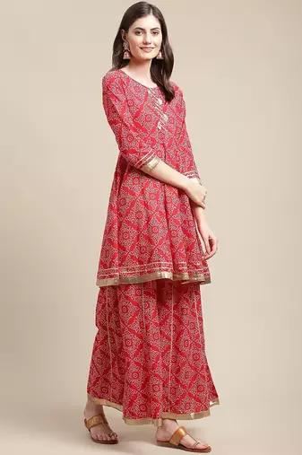Women Red Ethnic Motifs Printed Gotta Patti Kurta with Sharara & With Dupatta
