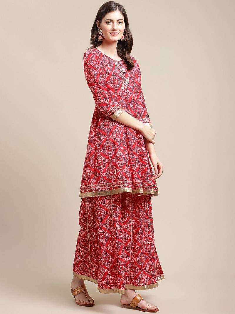 Women Red Ethnic Motifs Printed Gotta Patti Kurta with Sharara & With Dupatta