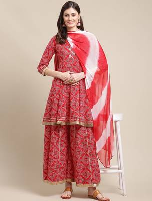 Women Red Ethnic Motifs Printed Gotta Patti Kurta with Sharara & With Dupatta 7