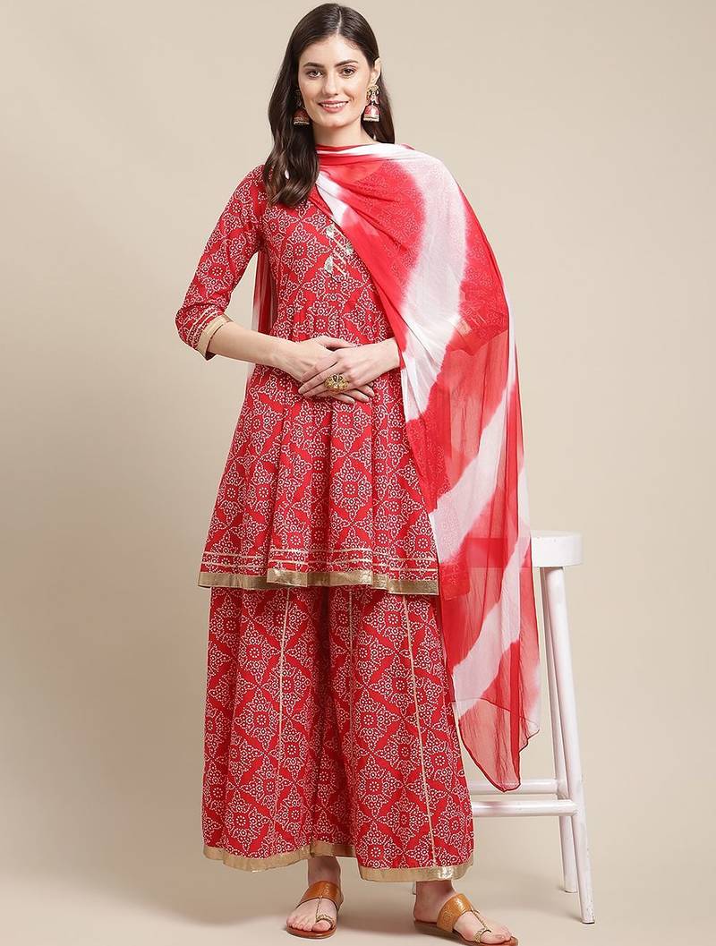 Women Red Ethnic Motifs Printed Gotta Patti Kurta with Sharara & With Dupatta