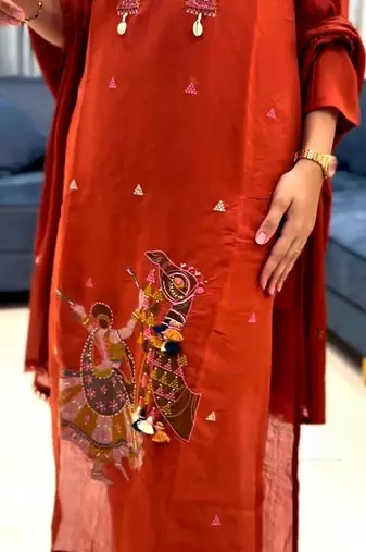 orange traditional motif hand embroidered cotton straight kurta pant suit set with dupatta
