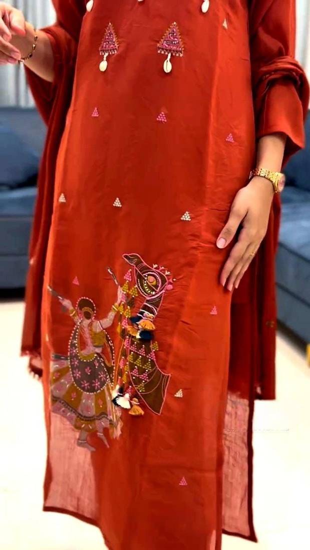 orange traditional motif hand embroidered cotton straight kurta pant suit set with dupatta