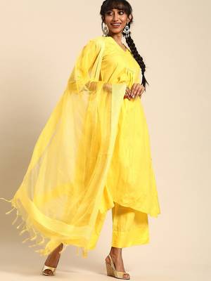 Women Yellow Regular A-Line Kurta with Palazzos & With Dupatta 1