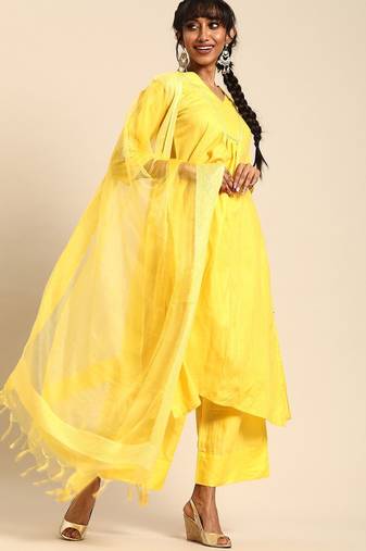 Women Yellow Regular A-Line Kurta with Palazzos & With Dupatta