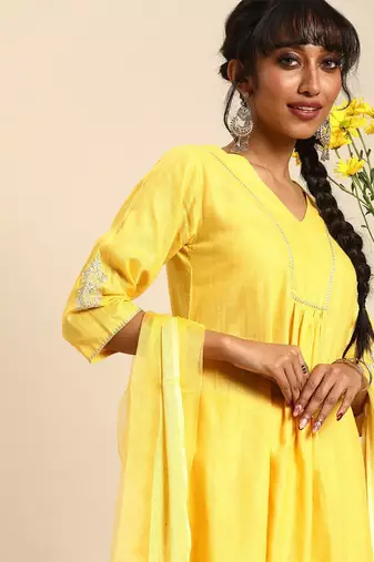 Women Yellow Regular A-Line Kurta with Palazzos & With Dupatta