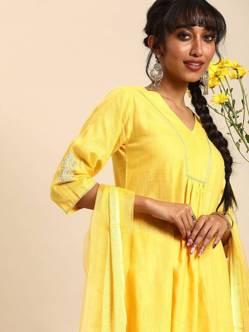 Women Yellow Regular A-Line Kurta with Palazzos & With Dupatta
