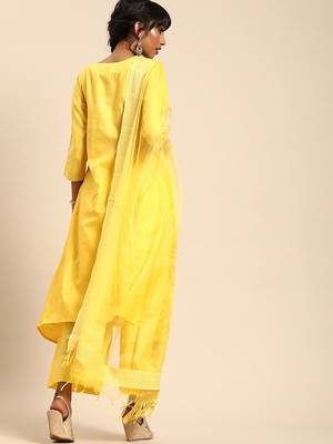 Women Yellow Regular A-Line Kurta with Palazzos & With Dupatta 4