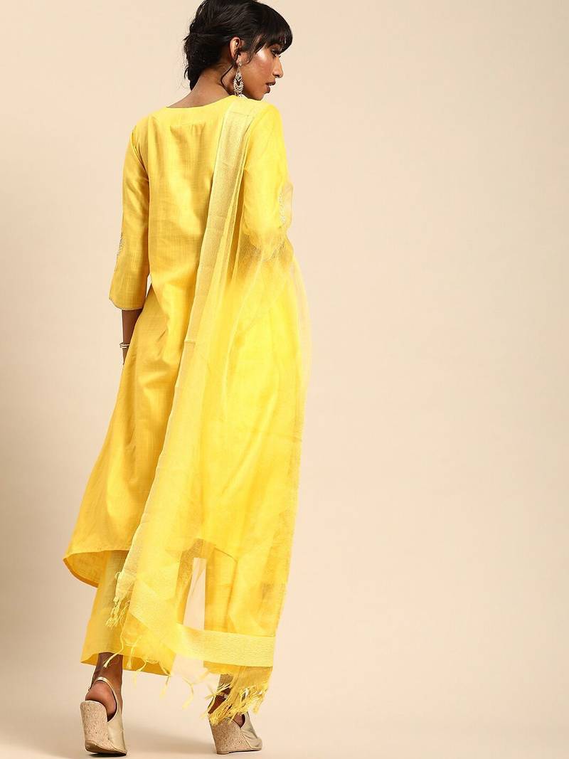 Women Yellow Regular A-Line Kurta with Palazzos & With Dupatta