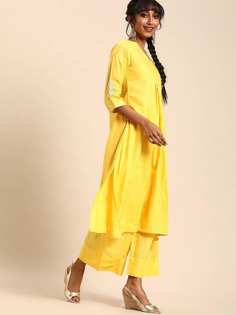 Women Yellow Regular A-Line Kurta with Palazzos & With Dupatta