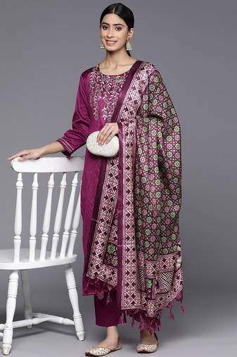 Floral Embroidered Sequinned Kurta With Trousers & Dupatta
