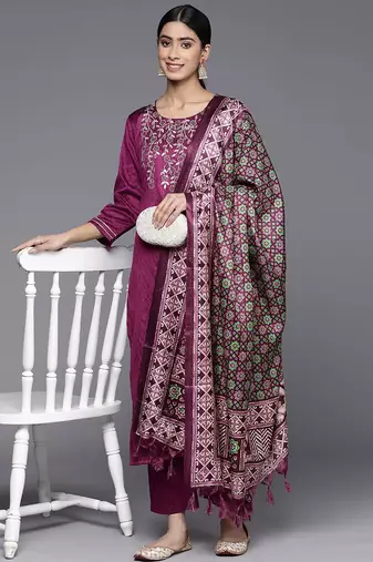 Floral Embroidered Sequinned Kurta With Trousers & Dupatta