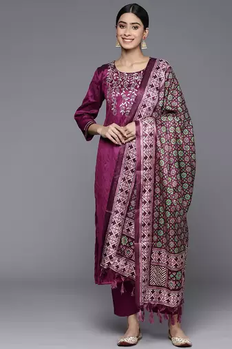 Floral Embroidered Sequinned Kurta With Trousers & Dupatta