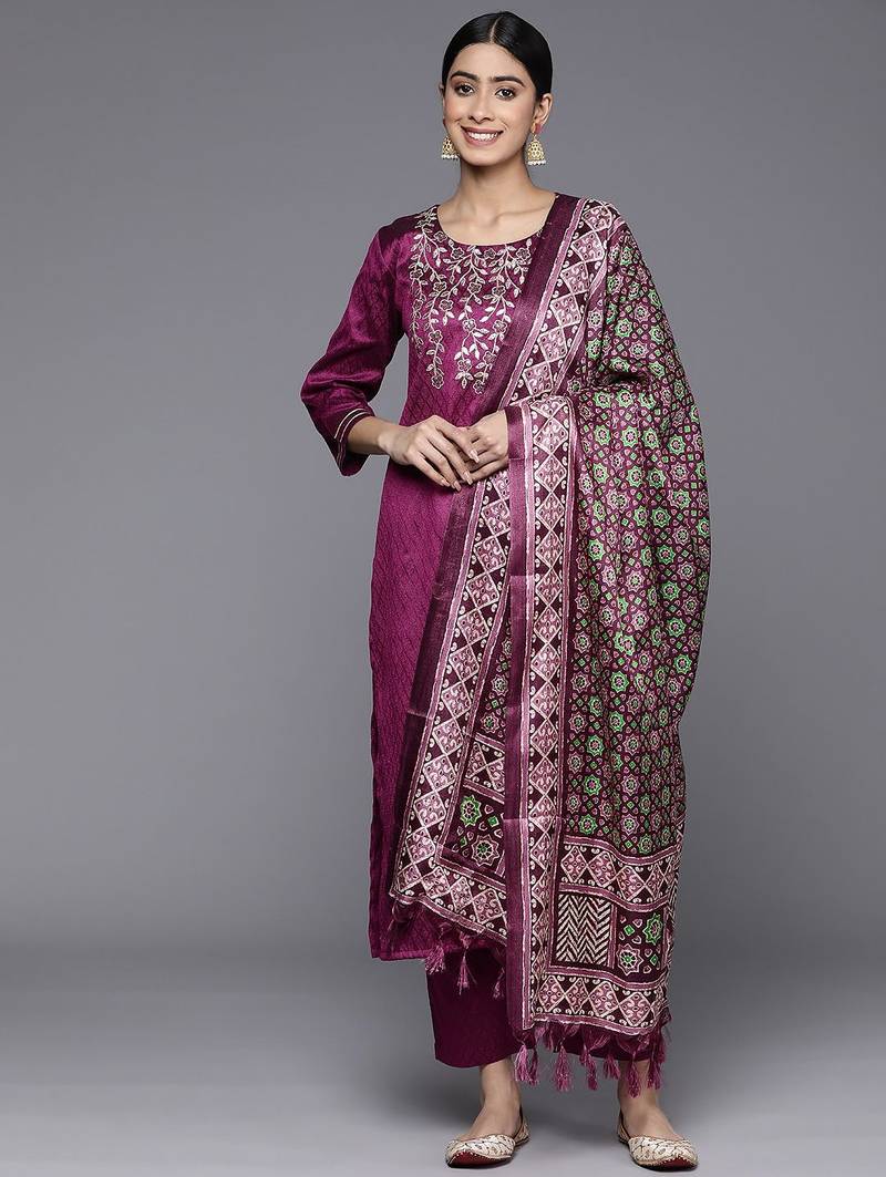 Floral Embroidered Sequinned Kurta With Trousers & Dupatta