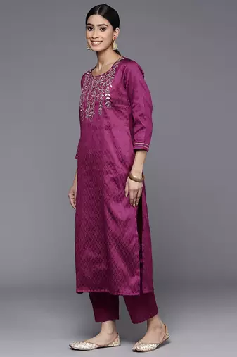 Floral Embroidered Sequinned Kurta With Trousers & Dupatta