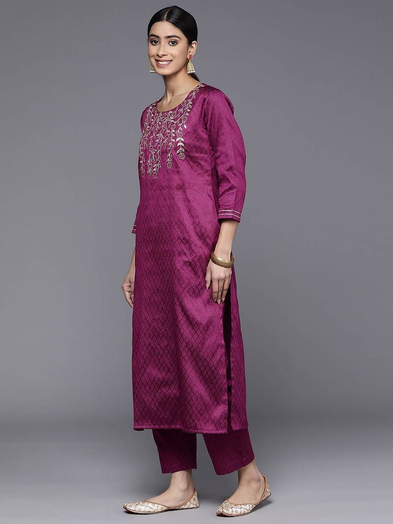 Floral Embroidered Sequinned Kurta With Trousers & Dupatta