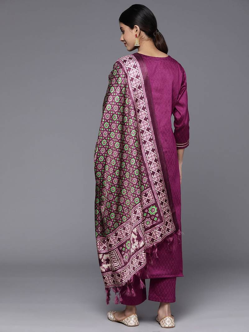 Floral Embroidered Sequinned Kurta With Trousers & Dupatta
