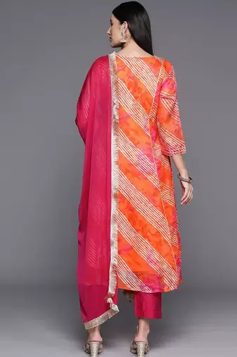 Leheriya Printed Straight Kurta with Trousers & With Dupatta