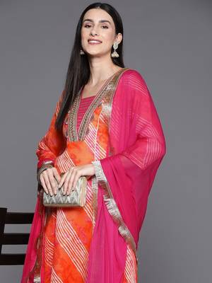 Leheriya Printed Straight Kurta with Trousers & With Dupatta 7
