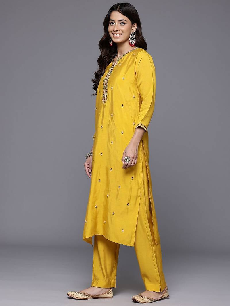 Ethnic Motifs Zari Embroidered Mirror Work Kurta With Trousers & Dupatta