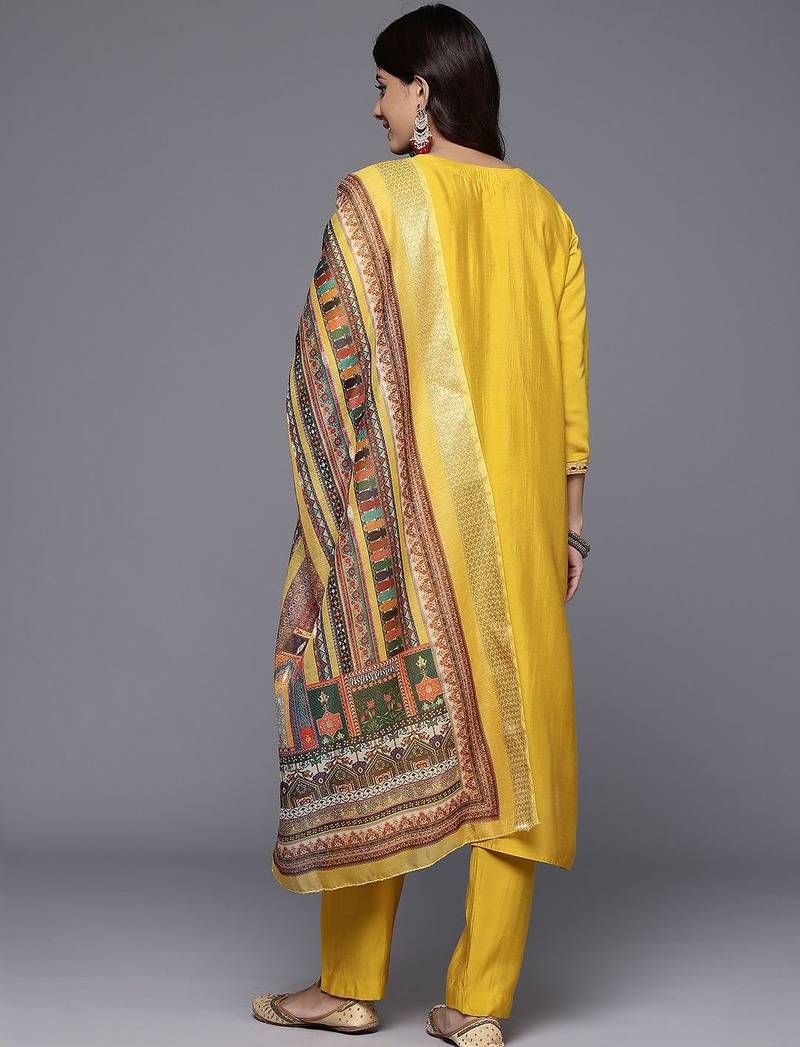 Ethnic Motifs Zari Embroidered Mirror Work Kurta With Trousers & Dupatta