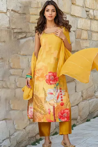 Floral Printed Beads & Stones Kurta With Trousers & Dupatta