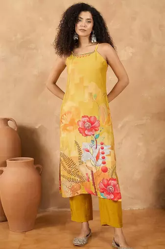 Floral Printed Beads & Stones Kurta With Trousers & Dupatta