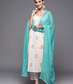 Women Off White Floral Printed Pleated Gotta Patti Kurta with Trousers & With Dupatta