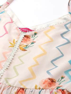 Women Off White Floral Printed Pleated Gotta Patti Kurta with Trousers & With Dupatta 2