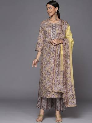 Women Brown Bandhani Printed Gotta Patti Pure Cotton Kurta with Palazzos & With Dupatta 1
