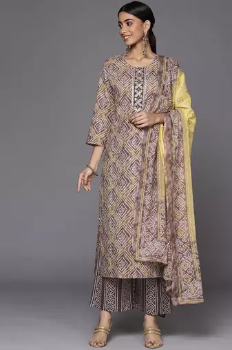 Women Brown Bandhani Printed Gotta Patti Pure Cotton Kurta with Palazzos & With Dupatta
