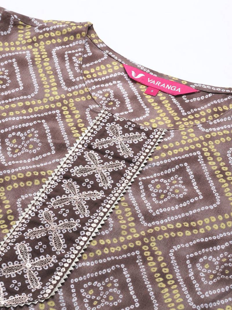 Women Brown Bandhani Printed Gotta Patti Pure Cotton Kurta with Palazzos & With Dupatta