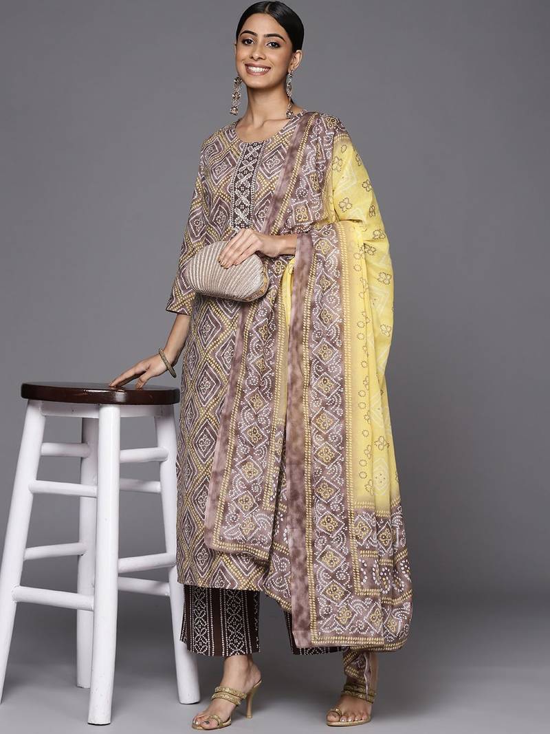 Women Brown Bandhani Printed Gotta Patti Pure Cotton Kurta with Palazzos & With Dupatta