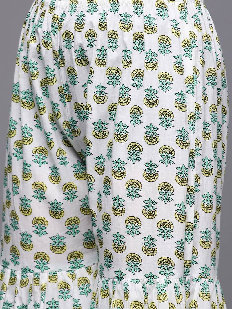 Women Green Floral Printed Pure Cotton Kurti with Sharara