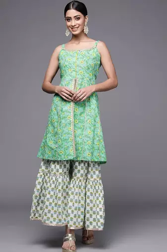 Women Green Floral Printed Pure Cotton Kurti with Sharara