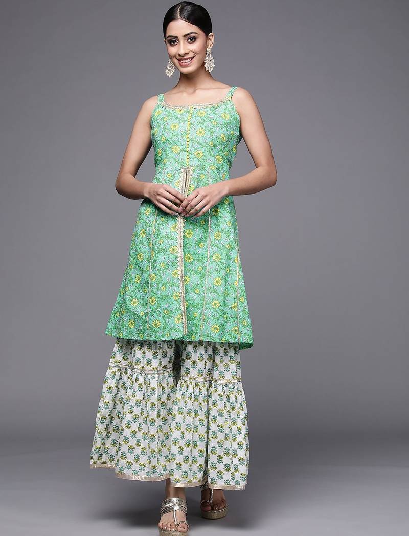 Women Green Floral Printed Pure Cotton Kurti with Sharara