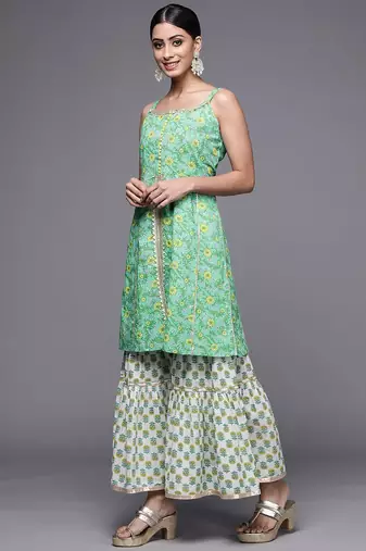 Women Green Floral Printed Pure Cotton Kurti with Sharara