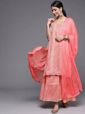Women Peach-Coloured Printed Gotta Patti Pure Cotton Kurta with Sharara & Dupatta 1