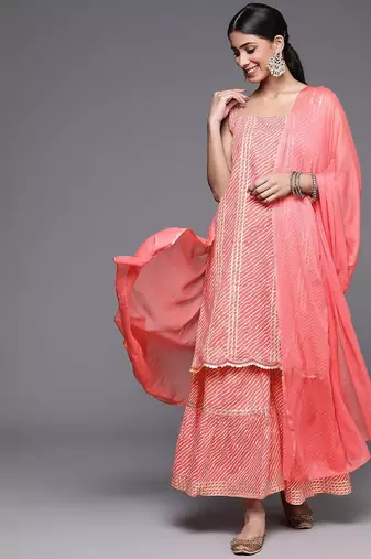 Women Peach-Coloured Printed Gotta Patti Pure Cotton Kurta with Sharara & Dupatta