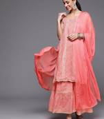 Women Peach-Coloured Printed Gotta Patti Pure Cotton Kurta with Sharara & Dupatta