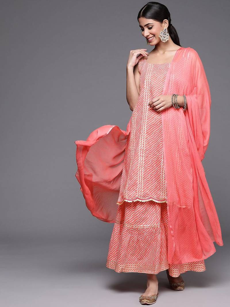 Women Peach-Coloured Printed Gotta Patti Pure Cotton Kurta with Sharara & Dupatta