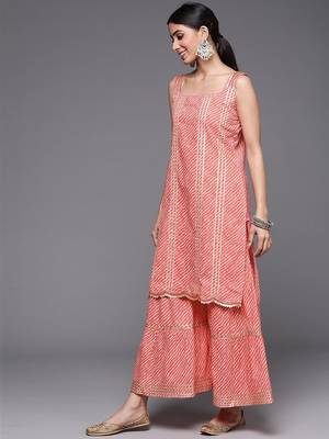Women Peach-Coloured Printed Gotta Patti Pure Cotton Kurta with Sharara & Dupatta 5