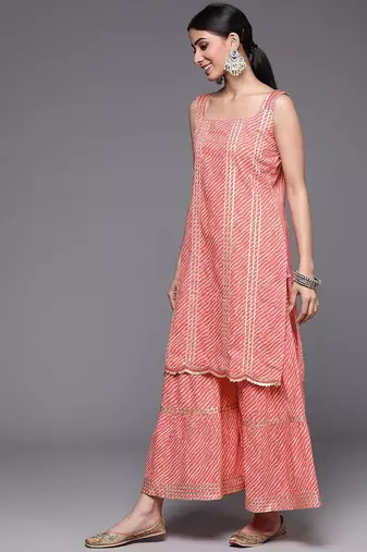 Women Peach-Coloured Printed Gotta Patti Pure Cotton Kurta with Sharara & Dupatta