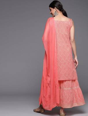 Women Peach-Coloured Printed Gotta Patti Pure Cotton Kurta with Sharara & Dupatta 6