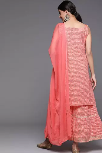 Women Peach-Coloured Printed Gotta Patti Pure Cotton Kurta with Sharara & Dupatta