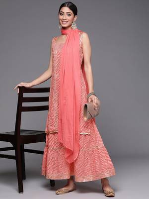 Women Peach-Coloured Printed Gotta Patti Pure Cotton Kurta with Sharara & Dupatta 7
